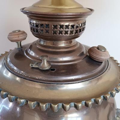 LOT 36: Antique Copper and Brass Samovar Lamp with Pedestal Table