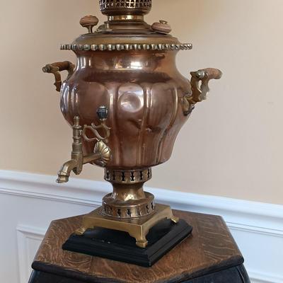 LOT 36: Antique Copper and Brass Samovar Lamp with Pedestal Table