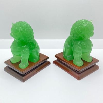 LOT 55: Vintage Carved Green Jade Foo Dogs with Wood Stands