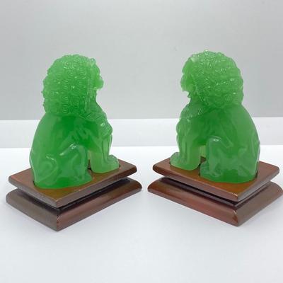 LOT 55: Vintage Carved Green Jade Foo Dogs with Wood Stands