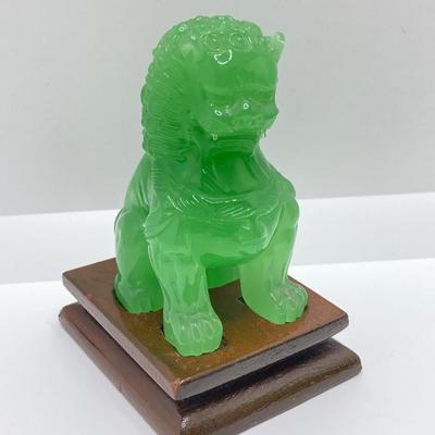 LOT 55: Vintage Carved Green Jade Foo Dogs with Wood Stands
