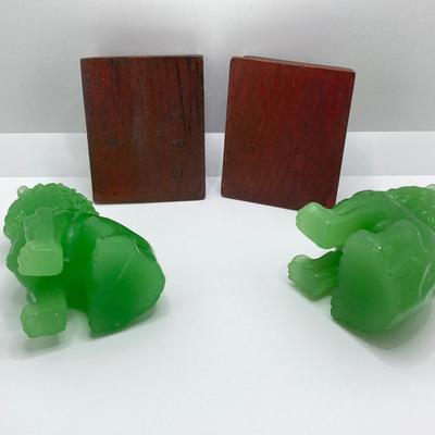 LOT 55: Vintage Carved Green Jade Foo Dogs with Wood Stands