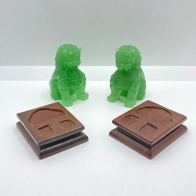 LOT 55: Vintage Carved Green Jade Foo Dogs with Wood Stands