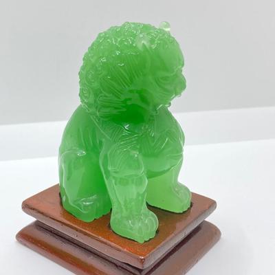 LOT 55: Vintage Carved Green Jade Foo Dogs with Wood Stands