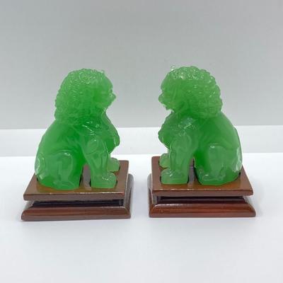 LOT 55: Vintage Carved Green Jade Foo Dogs with Wood Stands