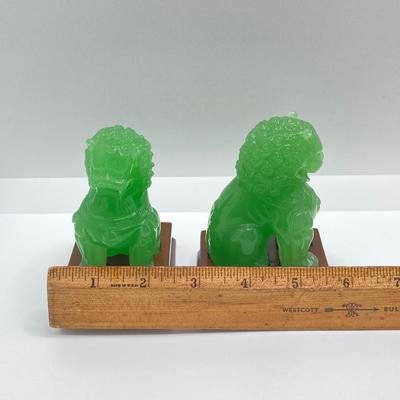 LOT 55: Vintage Carved Green Jade Foo Dogs with Wood Stands