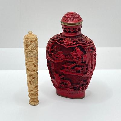 LOT 58: Vintage Asian Carved Collection - Cinnabar snuff bottle, Jade Elephant, Hand Held Filigree Wood Fan and More