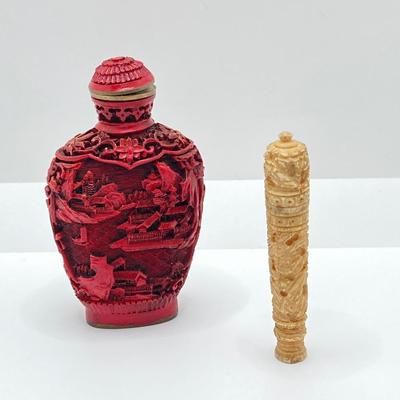 LOT 58: Vintage Asian Carved Collection - Cinnabar snuff bottle, Jade Elephant, Hand Held Filigree Wood Fan and More