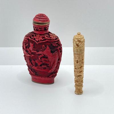 LOT 58: Vintage Asian Carved Collection - Cinnabar snuff bottle, Jade Elephant, Hand Held Filigree Wood Fan and More