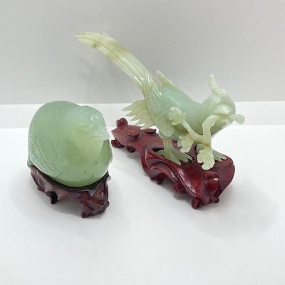 LOT 59: Vintage Pair of Carved Jade Birds on Wooden Stands