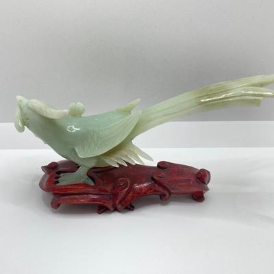 LOT 59: Vintage Pair of Carved Jade Birds on Wooden Stands