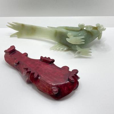 LOT 59: Vintage Pair of Carved Jade Birds on Wooden Stands