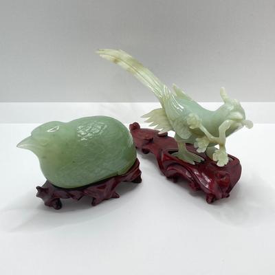 LOT 59: Vintage Pair of Carved Jade Birds on Wooden Stands