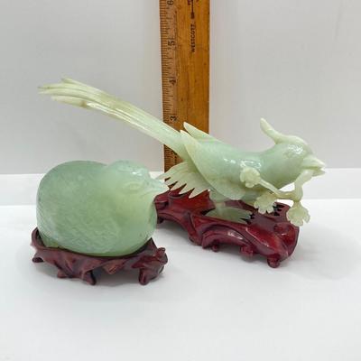 LOT 59: Vintage Pair of Carved Jade Birds on Wooden Stands