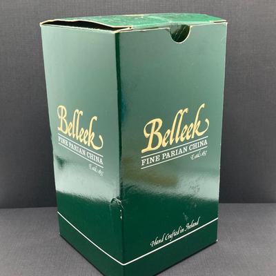 LOT 62: Belleek Bud Vase with Original Box, Miniature Basket, Cream and Sugar Bowls and Northern Ireland Assembly Paperweight