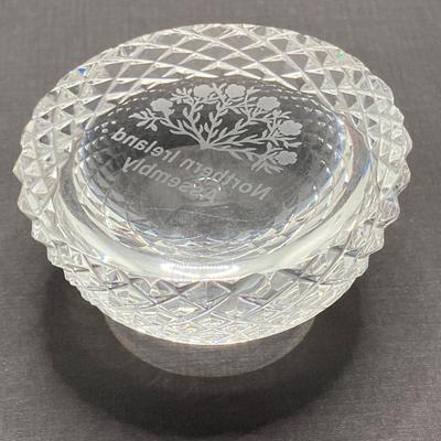 LOT 62: Belleek Bud Vase with Original Box, Miniature Basket, Cream and Sugar Bowls and Northern Ireland Assembly Paperweight