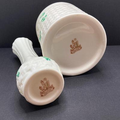 LOT 62: Belleek Bud Vase with Original Box, Miniature Basket, Cream and Sugar Bowls and Northern Ireland Assembly Paperweight
