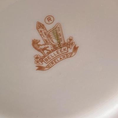 LOT 62: Belleek Bud Vase with Original Box, Miniature Basket, Cream and Sugar Bowls and Northern Ireland Assembly Paperweight