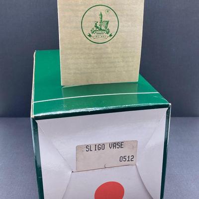 LOT 62: Belleek Bud Vase with Original Box, Miniature Basket, Cream and Sugar Bowls and Northern Ireland Assembly Paperweight