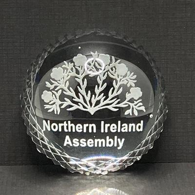 LOT 62: Belleek Bud Vase with Original Box, Miniature Basket, Cream and Sugar Bowls and Northern Ireland Assembly Paperweight