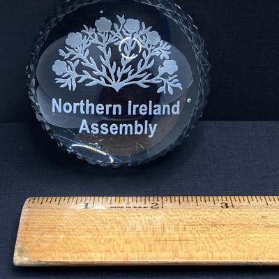 LOT 62: Belleek Bud Vase with Original Box, Miniature Basket, Cream and Sugar Bowls and Northern Ireland Assembly Paperweight