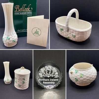 LOT 62: Belleek Bud Vase with Original Box, Miniature Basket, Cream and Sugar Bowls and Northern Ireland Assembly Paperweight
