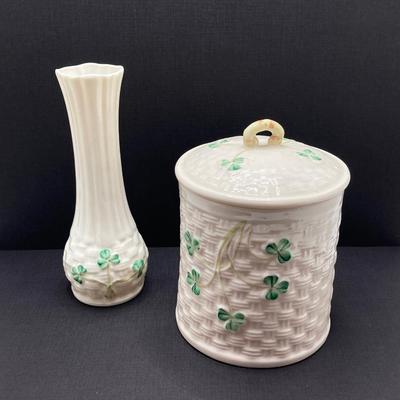 LOT 62: Belleek Bud Vase with Original Box, Miniature Basket, Cream and Sugar Bowls and Northern Ireland Assembly Paperweight