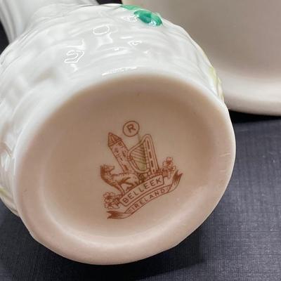 LOT 62: Belleek Bud Vase with Original Box, Miniature Basket, Cream and Sugar Bowls and Northern Ireland Assembly Paperweight