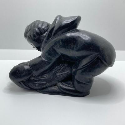 LOT 63: Carved Inuit Soapstone Art Sculpture - Boy with Fish