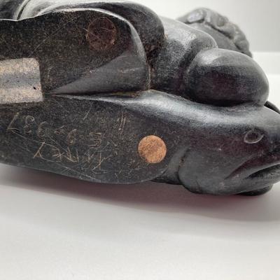 LOT 63: Carved Inuit Soapstone Art Sculpture - Boy with Fish