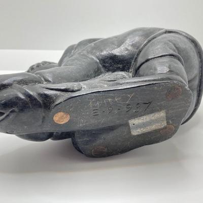 LOT 63: Carved Inuit Soapstone Art Sculpture - Boy with Fish