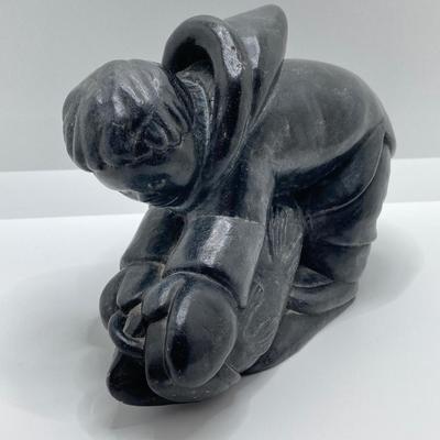 LOT 63: Carved Inuit Soapstone Art Sculpture - Boy with Fish