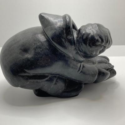 LOT 63: Carved Inuit Soapstone Art Sculpture - Boy with Fish