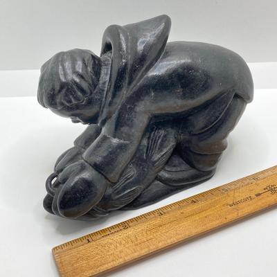 LOT 63: Carved Inuit Soapstone Art Sculpture - Boy with Fish