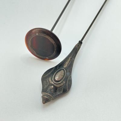 LOT 67: Vintage Sterling Silver Hat Pins & Vintage Silver-Plated Shoe Pin Cushion