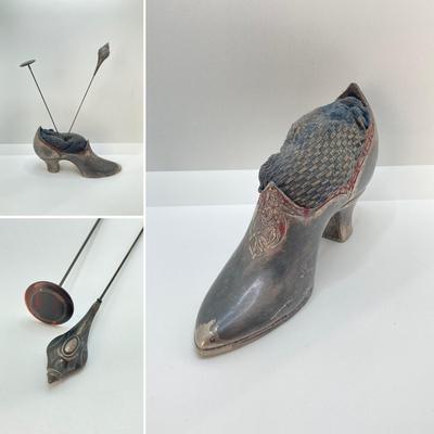 LOT 67: Vintage Sterling Silver Hat Pins & Vintage Silver-Plated Shoe Pin Cushion