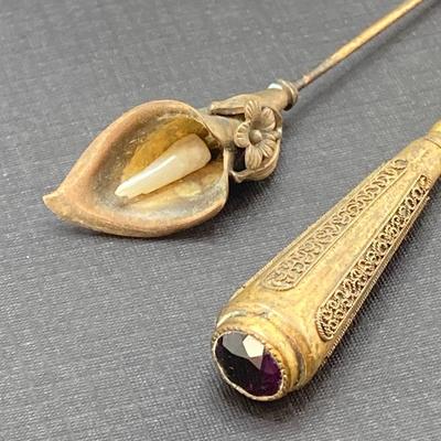 LOT 68: Vintage Hat Pin Collection with Etched Crystal Vase