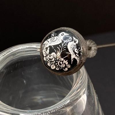 LOT 68: Vintage Hat Pin Collection with Etched Crystal Vase