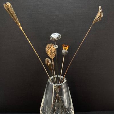 LOT 68: Vintage Hat Pin Collection with Etched Crystal Vase