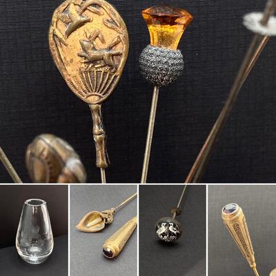 LOT 68: Vintage Hat Pin Collection with Etched Crystal Vase