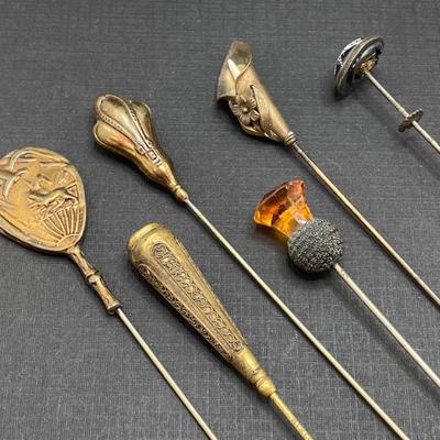 LOT 68: Vintage Hat Pin Collection with Etched Crystal Vase