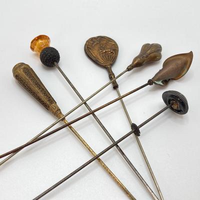 LOT 68: Vintage Hat Pin Collection with Etched Crystal Vase