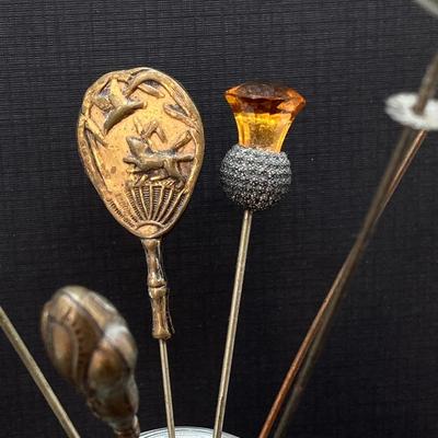 LOT 68: Vintage Hat Pin Collection with Etched Crystal Vase