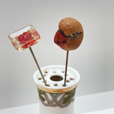 LOT 69: Collection of 5 Vintage Hat Pins & Nippon Hand Painted Hat Pin Holder