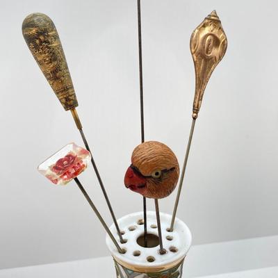 LOT 69: Collection of 5 Vintage Hat Pins & Nippon Hand Painted Hat Pin Holder