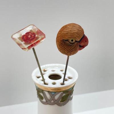 LOT 69: Collection of 5 Vintage Hat Pins & Nippon Hand Painted Hat Pin Holder
