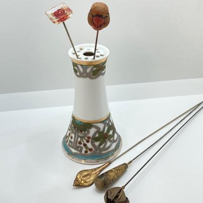 LOT 69: Collection of 5 Vintage Hat Pins & Nippon Hand Painted Hat Pin Holder