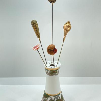LOT 69: Collection of 5 Vintage Hat Pins & Nippon Hand Painted Hat Pin Holder