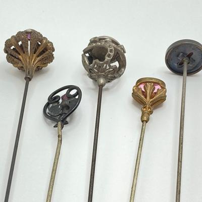 LOT 70: Collection of Vintage Hat Pins and Etched Crystal Vase