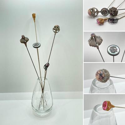 LOT 70: Collection of Vintage Hat Pins and Etched Crystal Vase